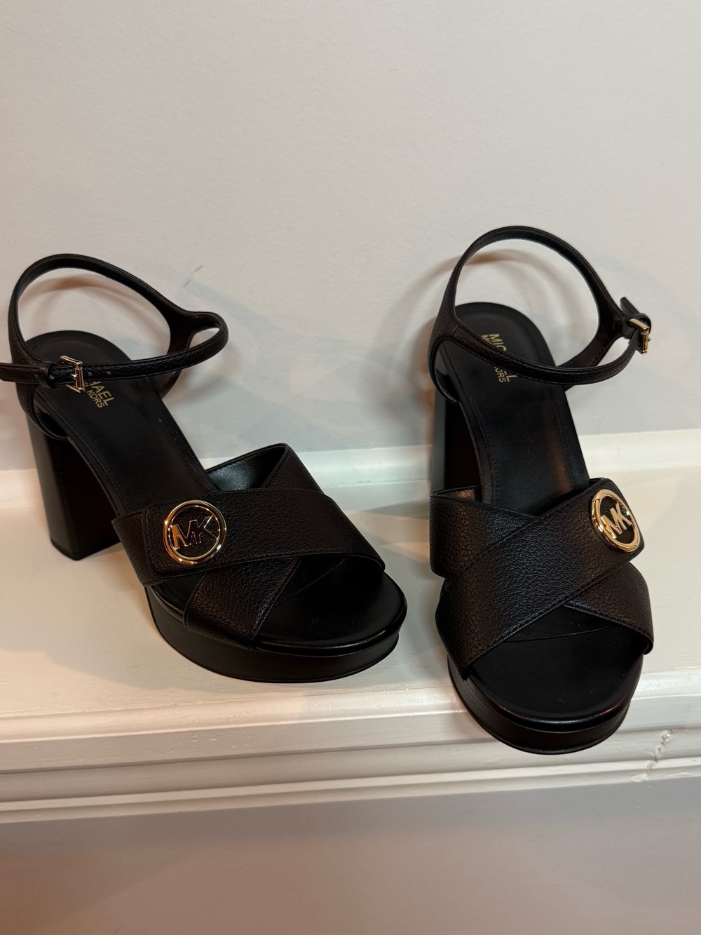 Michael Kors Black Leather Block-Heel Platform Sandals with Gold MK Emblem